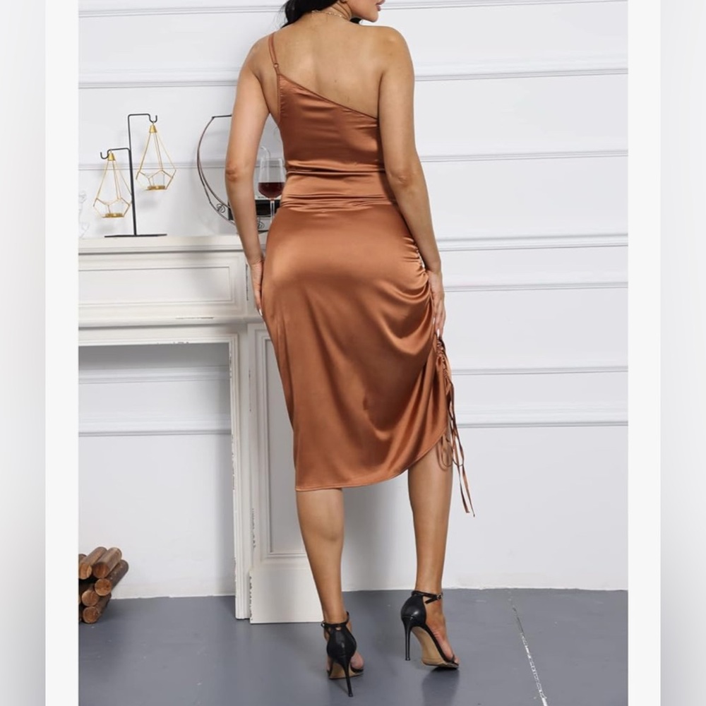 NWT - Women's Satin Dress Spaghetti Strap Drawstring Ruched Cocktail Evening - Picture 6 of 8